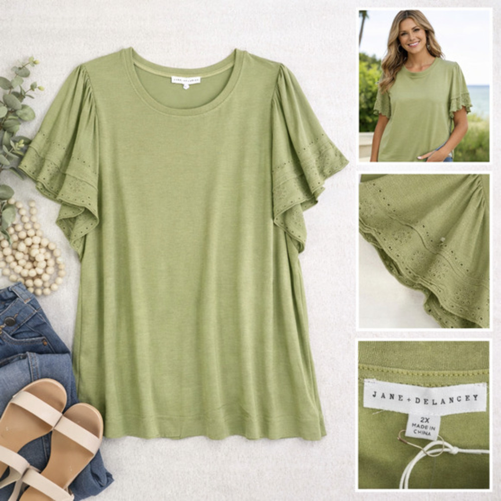 Jane + Delancey Flutter Sleeve Eyelet Blouse Top Women 2X‎ Sage Green Fairy NWT